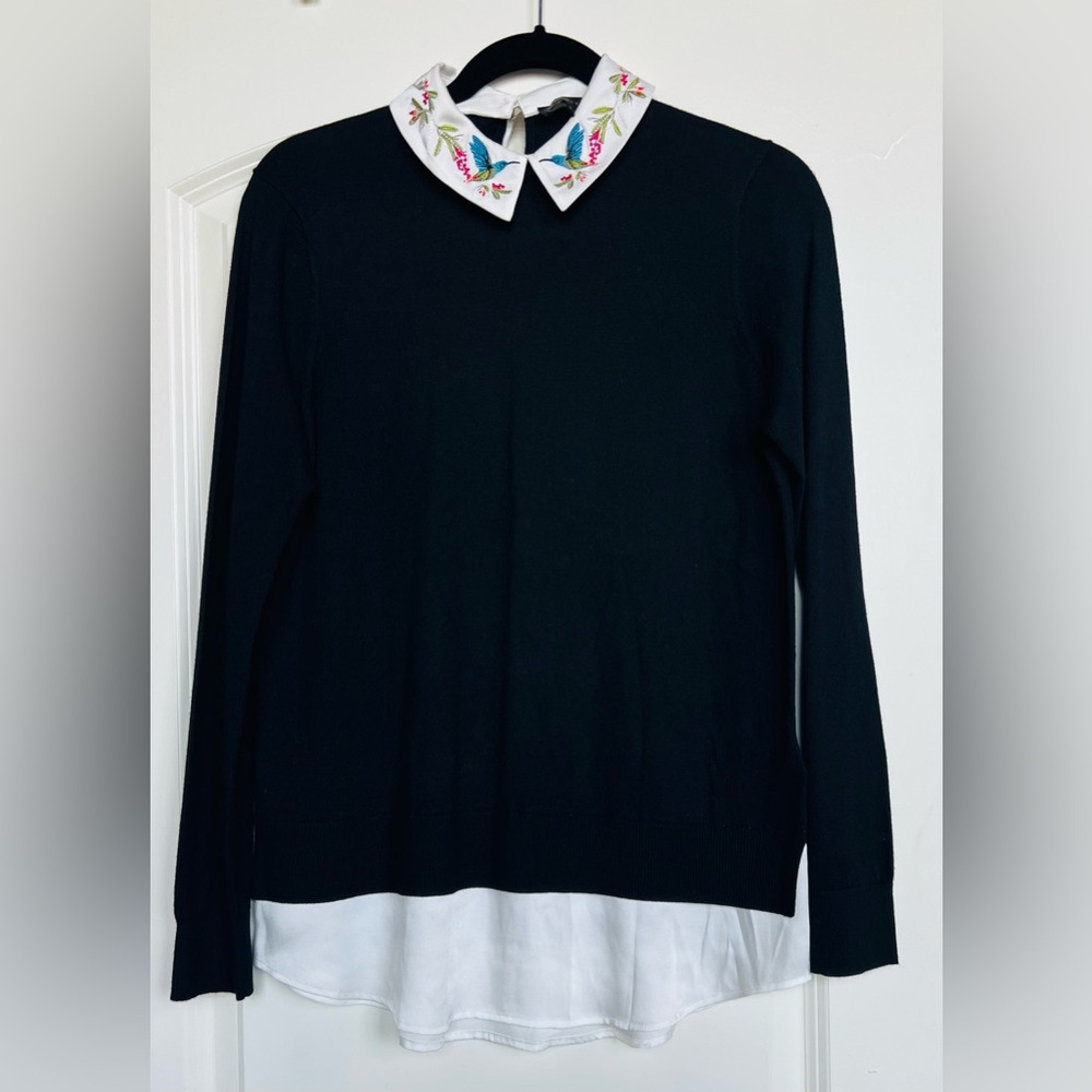 Ted Baker Black and White Knit Top with Embroidered Collar
